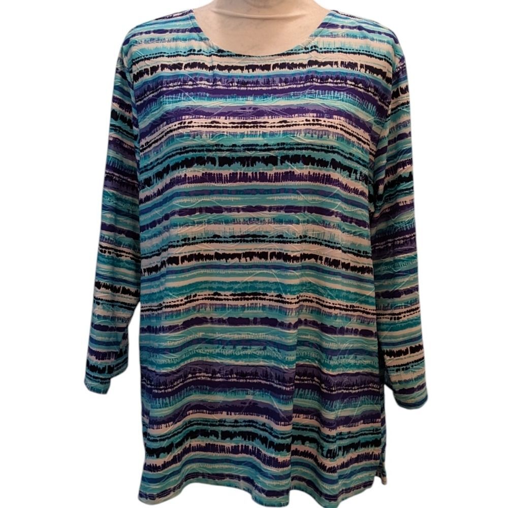EMILY DANIELS Vibrant Coastal Blue White Striped Abstract Stretchy Knit Top XL